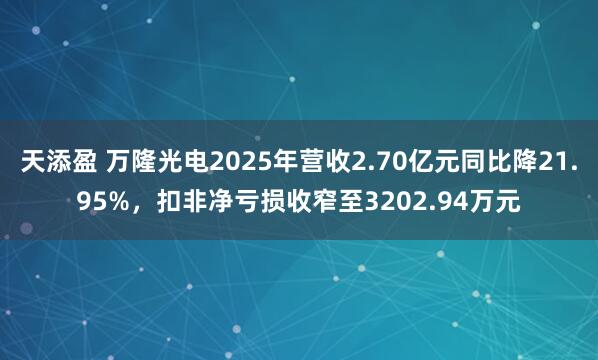 天添盈 万隆光电2025年营收2.70亿元同比降21.95%，扣非净亏损收窄至3202.94万元