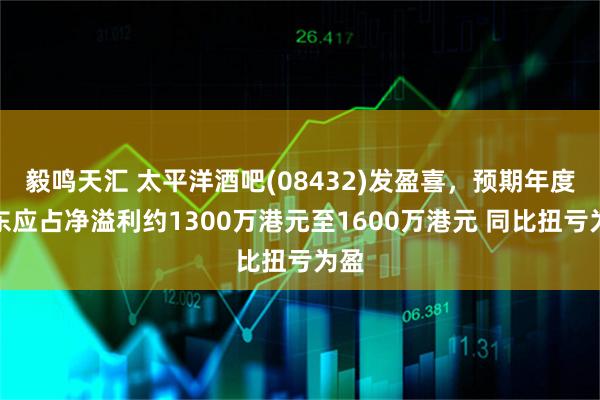 毅鸣天汇 太平洋酒吧(08432)发盈喜，预期年度股东应占净溢利约1300万港元至1600万港元 同比扭亏为盈